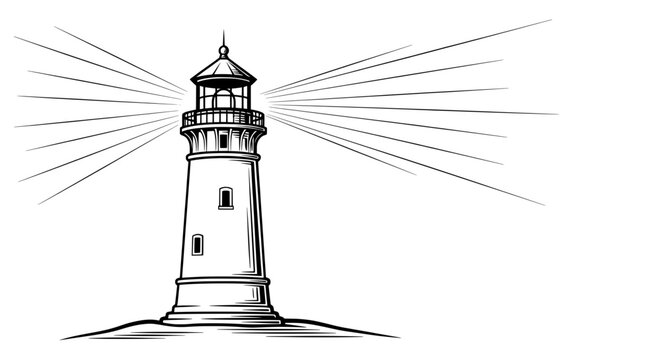 Minimalist black and white line drawing of a slender lighthouse with light rays
