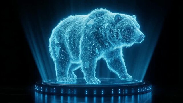 A holographic projection of a grizzly bear stands on a futuristic platform, emitting a blue light against a dark background.