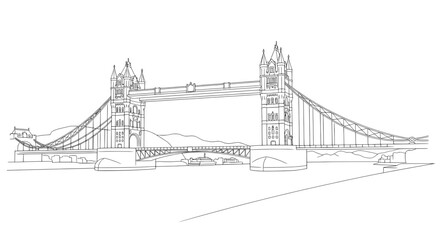 Detailed line drawing of London's Tower Bridge with suspension cables and spires