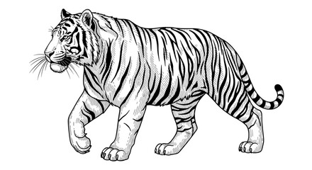 Minimalist black and white line drawing of a roaring tiger in side profile
