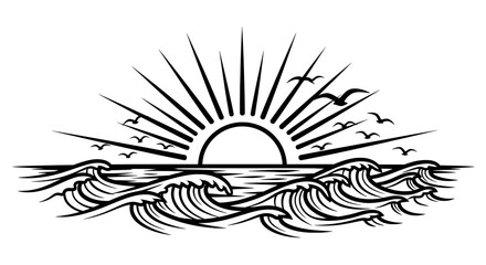 Minimalist black and white sunset with symmetrical sunburst over ocean waves