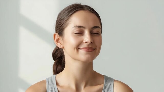 Young woman closed eye smile peaceful relaxation in soft natural light calm portrait