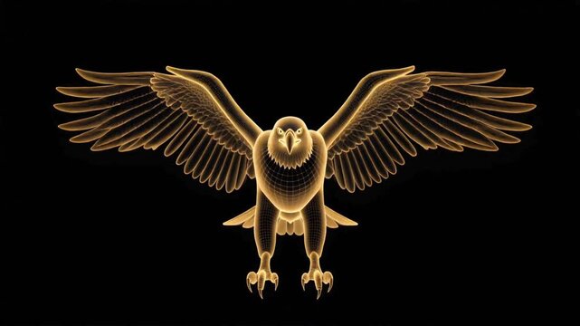 A striking golden eagle rendered in a wireframe 3D model, with outstretched wings against a stark black background.