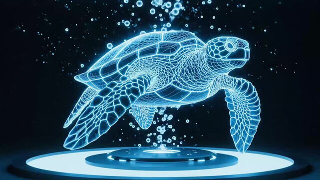 A futuristic holographic projection of a sea turtle glowing with blue light, surrounded by bubbles.