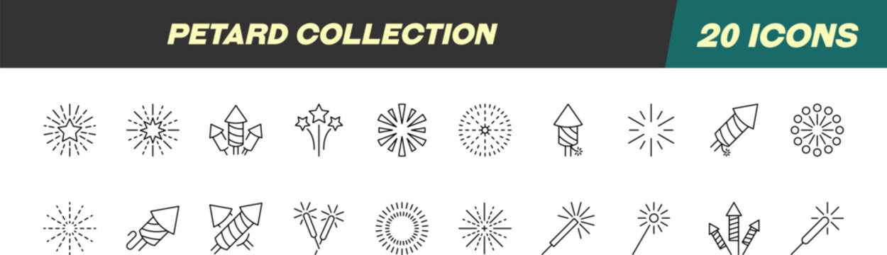 Collection of Icons of Fireworks. Suitable for books, stores, shops. Editable stroke in minimalistic outline style. Symbol for design