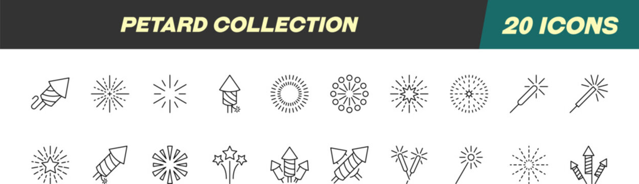 Collection of icons of Fireworks for Advertisement. Suitable for books, stores, shops. Editable stroke in minimalistic outline style. Symbol for design