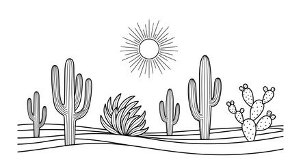 Black and white line drawing of desert landscape with cacti and succulents
