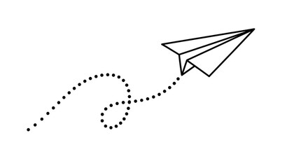Paper airplane in flight with dotted trajectory line on white
