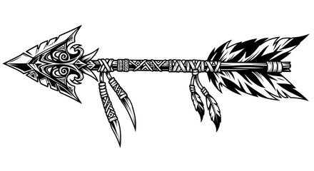 intricate tribal arrowhead with detailed feather decorations and swirling patterns