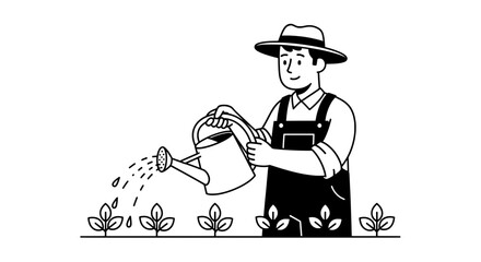 A man in a hat and apron watering small potted plants with a watering can