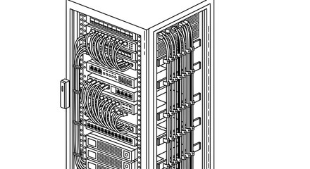 Black and white line drawing of a server rack with cables and switches