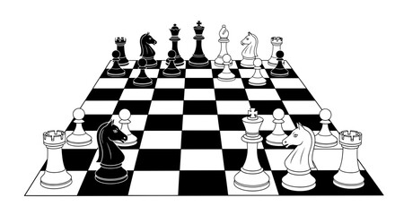 Black and white chess board with pieces in sting positions