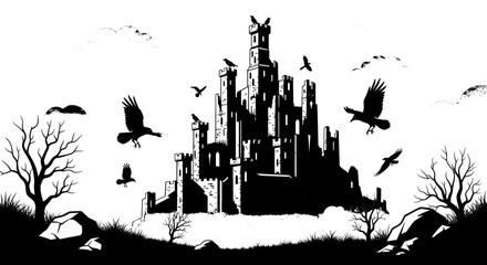 A black and white castle in the sky with towers, crows, and a crescent moon