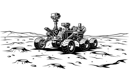 Black and white line drawing of a rover exploring the rocky Mian surface