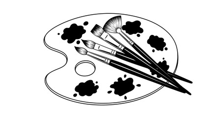 Minimalist black and white ist palette with overlapping paintbrushes and splatters