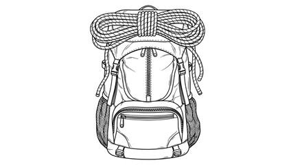 Black and white line drawing of a backpack with knotted mesh straps