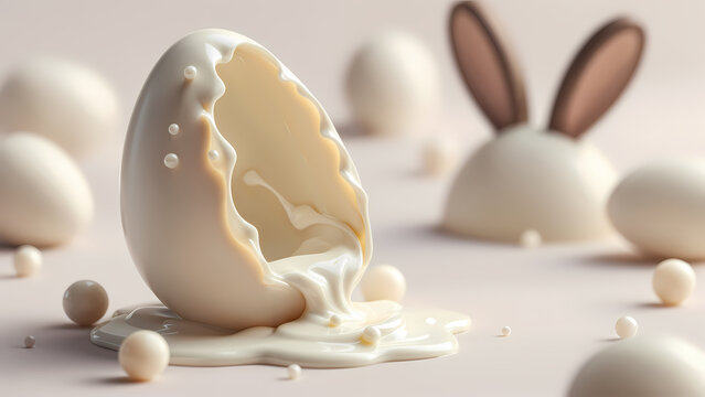  broken egg with creamy white yolk spilling out, surrounded by intact eggs, soft pastel pink background, blurred bunny-shaped egg with brown ears in the background.