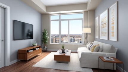 Fototapeta premium Cozy modern living room with large window, stylish furniture, natural light, and contemporary decor for a relaxed atmosphere and urban lifestyle
