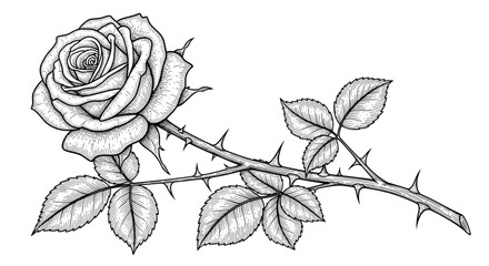 Detailed black and white line drawing of a blooming rose with stem