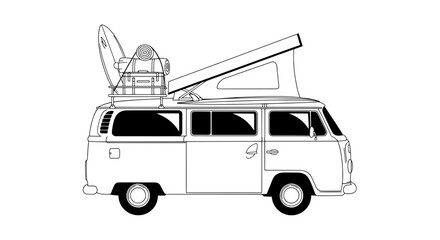 Black and white line drawing of a van with a surfboard and antenna on roof