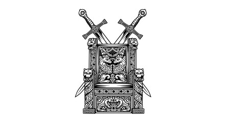 Ornate black and white throne with crossed swords and lion heads