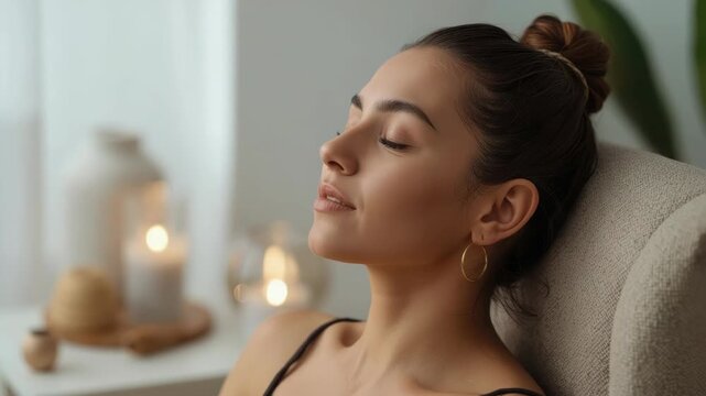 Young woman relaxation indoor candle serene peaceful cozy candlelit spa living room ambiance