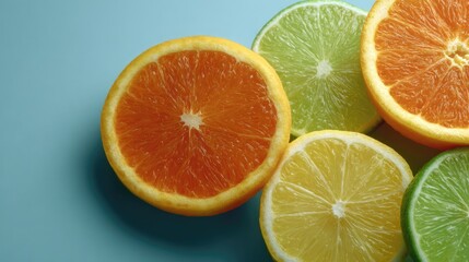 Fototapeta premium Bright and Colorful Citrus Slices of Orange, Lemon, Lime, and Grapefruit Arranged on a Blue Background for Fresh and Healthy Food Concepts