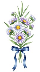 Fototapeta premium Watercolor Bouquet of Purple and White Daisies with Blue Ribbon on White Background.