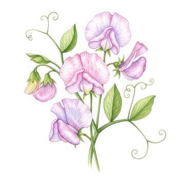 Watercolor illustration of delicate pink sweet pea flowers with green leaves.