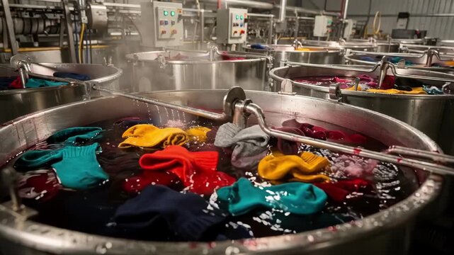 Colorful cotton socks submerged in rotating industrial dye kettles showcased in a medium shot focusing on mass production of varied solid and heather hues.