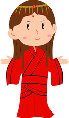 Cute Cartoon Girl in Traditional Red Asian Dress with Headpiece