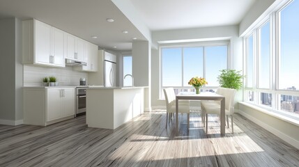 Obraz premium Modern Bright Kitchen with Open Space and Dining Table Surrounded by Large Windows Offering Scenic City View
