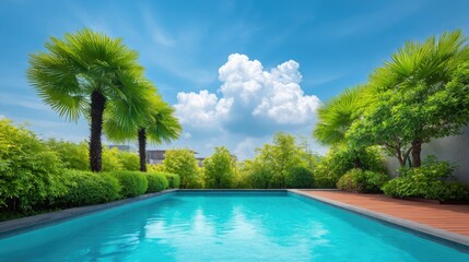 Fototapeta premium Tranquil Outdoor Oasis with Lush Greenery and Sparkling Blue Swimming Pool Under Bright Blue Sky and Fluffy White Clouds in Relaxing Vacation Setting