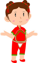 Cute Cartoon Girl in Traditional Chinese Red Outfit