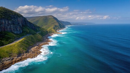 Obraz premium Majestic Coastal Landscape with Serene Waves and Lush Green Cliffs Under Clear Blue Sky in Beautiful Natural Setting