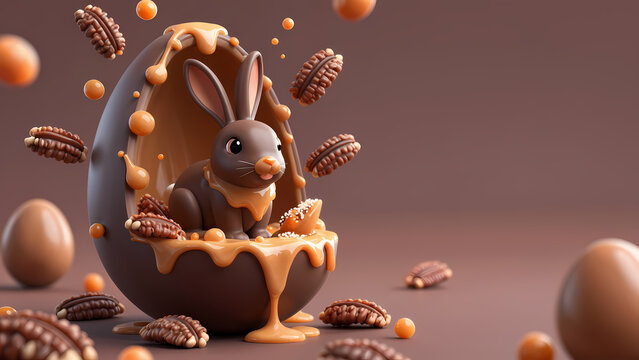 3D  a cute brown bunny sitting inside a chocolate egg, surrounded by floating pignuts and chocolate drops. The egg is cracked open.