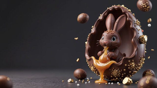 3D  a cute brown bunny with large ears, sitting inside a broken chocolate egg.