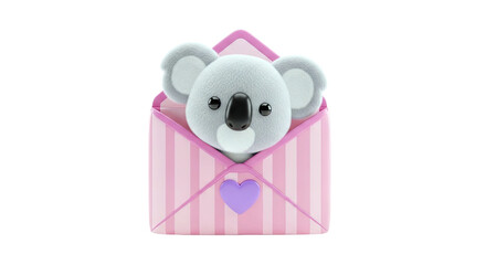 Fototapeta premium Cute Koala Peeking Out of a Pink Striped Envelope with a Heart