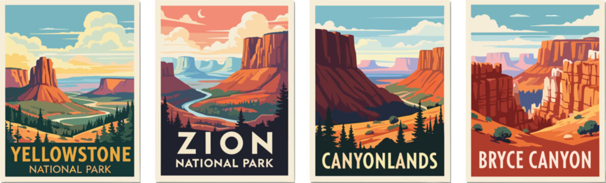 Aerial view of four national parks including Yellowstone, Zion, Canyonlands, and Bryce Canyon showcasing diverse landscapes and geological formations