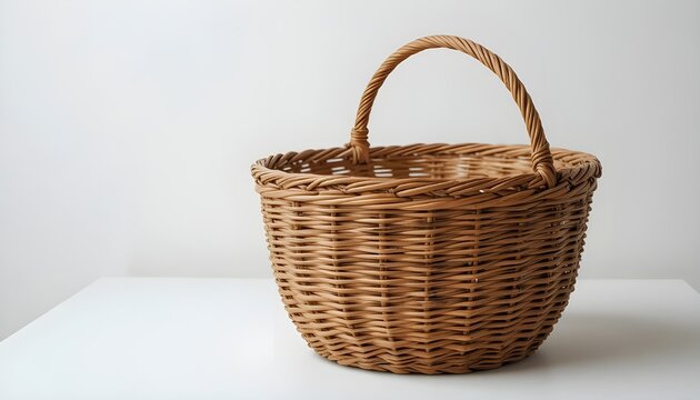 Rustic wicker basket in clean modern composition, white background