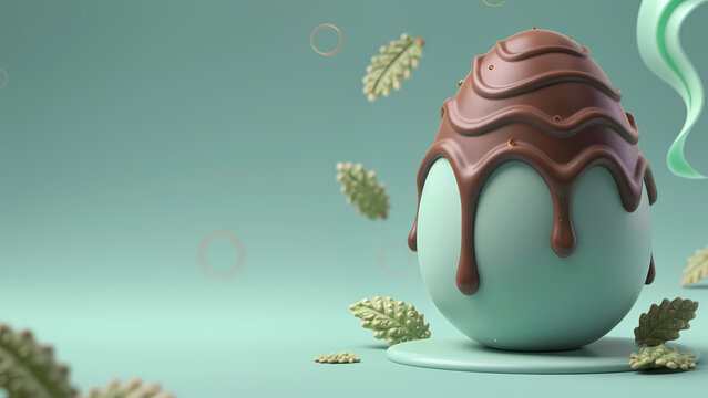  pastel green background, chocolate-dipped mint green egg-shaped object, chocolate drips down sides, small green leaves floating.