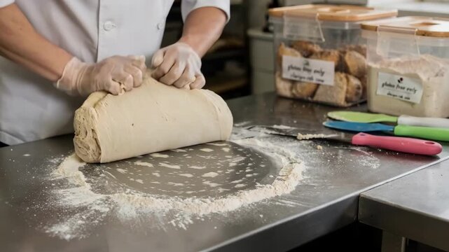 Medium shot showcasing small batch glutenfree bread production with focused hands handling dough in a dedicated sanitized zone ensuring allergen safety.