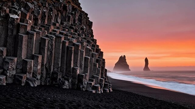Rocky coastline at sunset with columnar basalt