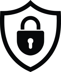 A black outline shield containing a solid black padlock symbolizing digital data security and protection
