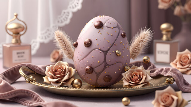  pastel pink Easter egg with gold dots and chocolate pieces, decorated with fluffy feathers, on a brass tray, surrounded by pink roses and a pink fabric.