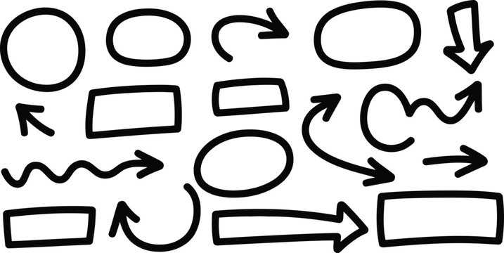 A collection of various hand drawn doodle arrows and shapes on a clean white surface