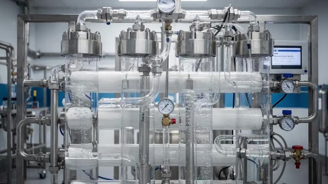Medium shot of reverse osmosis system in water treatment station showing clear pipes and filtration units ensuring pure water for consistent brewing quality.