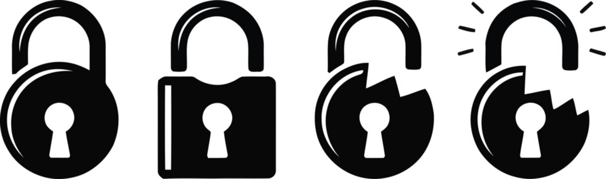 Four black padlock icons demonstrating various states of security, including locked, broken, and open