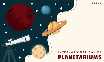 International Day of Planetariums Template. Telescope and planets © CEMPLUNK