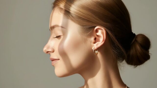 Young female portrait profile of woman with closed eyes and serene smile soft light enjoying calm